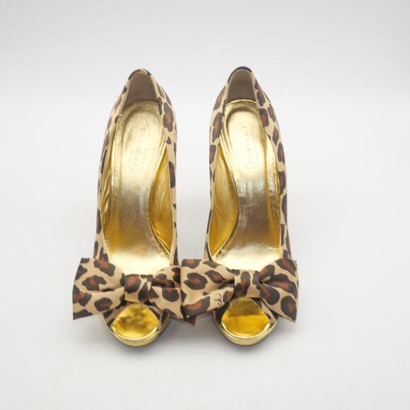 Coach Women's 8 Leopard Print Satin Peep Toe Gold Heels Daisey - Picture 8 of 11